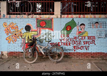 Una vista degli studenti dipingono graffiti su un muro lungo una strada per esprimere le loro voci dopo la caduta dell'ex primo ministro del Bangladesh Sheikh Hasina a Dhaka, Bangladesh, il 15 agosto 2024 Foto Stock