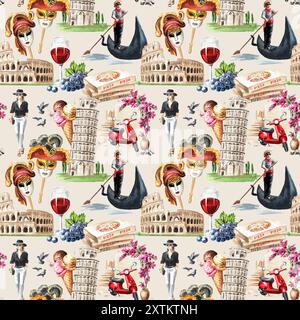 Viaggia verso il motivo senza cuciture dell'Italia. Illustrazione ad acquerello disegnata a mano isolata su sfondo bianco Foto Stock