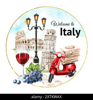 Welcome to Italy Card. Monumenti e simboli italiani. Illustrazione ad acquerello dipinta a mano isolata su sfondo bianco Foto Stock