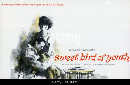 Annuncio promozionale di pre-produzione dal 1960 per la versione cinematografica pianificata di SWEET BIRD OF YOUTH play Tennessee Williams produttore Pandro S. Berman Avon Productions / Metro Goldwyn Mayer (MGM) finalmente realizzato con PAUL NEWMAN e GERALDINE direttore DI PAGINA / sceneggiatura RICHARD BROOKS e pubblicato nel 1962 prodotto da Pandro S. Berman per Roxbury Productions Inc. per MGM Foto Stock