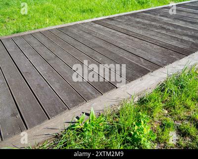 Percorso giardino in legno realizzato con pannelli di pavimentazione Foto Stock