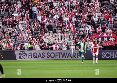 Amsterdam, Paesi Bassi. 15 agosto 2024. AMSTERDAM, PAESI BASSI - 15 AGOSTO: Tabellone pubblicitario Fiqas software durante la partita di qualificazione del terzo turno di qualificazione della UEFA Champions League del 2° turno tra AFC Ajax e Panathinaikos FC alla Johan Cruijff Arena il 15 agosto 2024 ad Amsterdam, Paesi Bassi. (Foto di Peter Lous/Orange Pictures) credito: Orange Pics BV/Alamy Live News Foto Stock