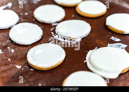 Biscotti con glassa bianca su una teglia da forno. Produzione di biscotti. Mini panificio o linea di produzione industriale per prodotti a base di farina. Foto di alta qualità Foto Stock