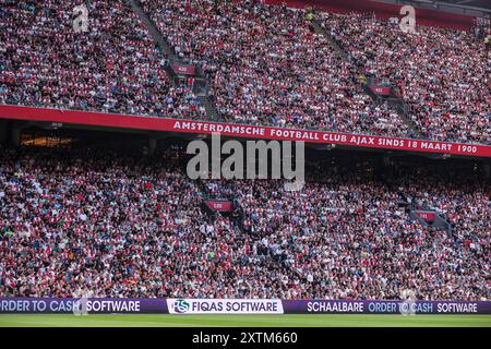 Amsterdam, Paesi Bassi. 15 agosto 2024. AMSTERDAM, PAESI BASSI - 15 AGOSTO: Tabellone pubblicitario Fiqas software durante la partita di qualificazione del terzo turno di qualificazione della UEFA Champions League del 2° turno tra AFC Ajax e Panathinaikos FC alla Johan Cruijff Arena il 15 agosto 2024 ad Amsterdam, Paesi Bassi. (Foto di Peter Lous/Orange Pictures) credito: Orange Pics BV/Alamy Live News Foto Stock