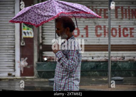 Srinagar, India. 15 agosto 2024. Un uomo tiene in mano un ombrello mentre cammina lungo la strada durante le piogge dopo un'intensa ondata di caldo a Srinagar, la capitale estiva di Jammu e Kashmir. (Immagine di credito: © Saqib Majeed/SOPA Images via ZUMA Press Wire) SOLO PER USO EDITORIALE! Non per USO commerciale! Foto Stock