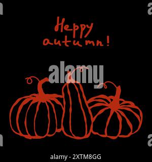 Mostra autunnale di zucche rosse con un saluto allegro su sfondo nero Illustrazione Vettoriale
