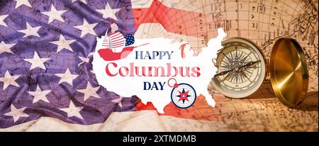 Striscione di benvenuto per il Columbus Day con bandiera, mappa e bussola USA Foto Stock