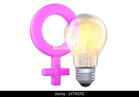 Simbolo di genere femminile con lampadina. Rendering 3D isolato su sfondo bianco Foto Stock