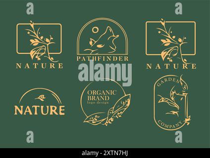 Lussuosa collezione con logo di ispirazione naturale e organica in tonalità dorate Illustrazione Vettoriale