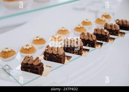 Set di deliziose torte dolci e dessert nel ristorante. La scena è celebrativa e festosa Foto Stock