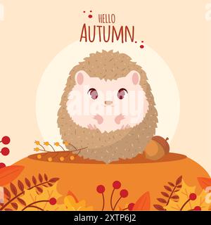 Simpatico porcospino con foglie autunnali e testo Hello Autumn, Vector Illustrazione Vettoriale