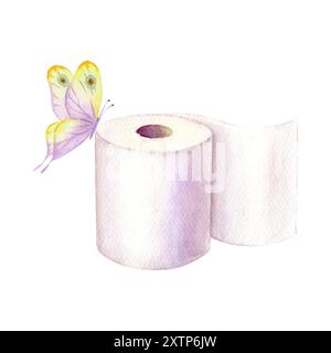 Rotolo di carta igienica acquerello e farfalla isolato su sfondo bianco. Illustrazione disegnata a mano con acquerello. Simbolo, segno di pulizia e igiene. Foto Stock