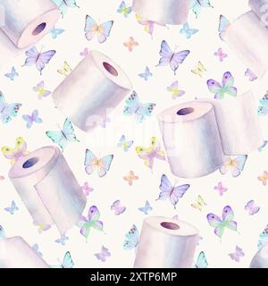 Carta igienica astratta ad acquerello e sfondo a farfalla. Schema di rotoli e farfalle trafilate a mano. Texture colorata ad acquerello. Stampa per tessuti, Foto Stock