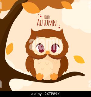 Carino gufo autunnale sull'albero con il testo di Hello Autumn, Vector Illustrazione Vettoriale