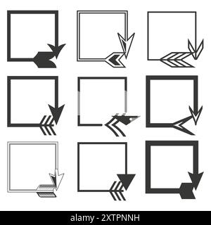Set di cornici freccia. Nove diversi bordi delle frecce. Illustrazioni vettoriali in bianco e nero. Design geometrici semplici. Illustrazione Vettoriale