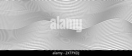 Linee ondulate sfondo astratto, sottili strisce nere ondulate con effetto ottico del movimento. Illustrazione Vettoriale