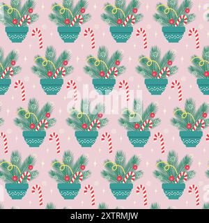 Composizione di ramoscelli dell'albero di Natale, decorazioni, bastone di caramelle, fiocchi di neve e stelle senza cuciture su un morbido sfondo rosa. Carta da parati vettoriale, carta da imballaggio o Web, poster, striscioni, cartoline, idea di progettazione delle etichette Illustrazione Vettoriale