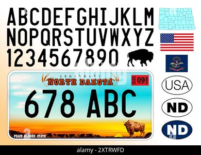 Modello della targa del North Dakota, numeri, lettere e simboli, Stati Uniti, Stati Uniti, illustrazione vettoriale Illustrazione Vettoriale