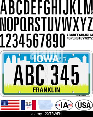 Modello della targa dell'automobile statale Iowa US, Stati Uniti d'America, numeri, lettere e simboli, illustrazione vettoriale Illustrazione Vettoriale