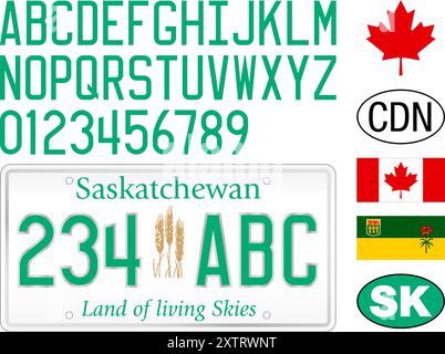 Modello della targa dell'auto Saskatchewan, Canada, numeri, lettere e simboli, illustrazione vettoriale Illustrazione Vettoriale