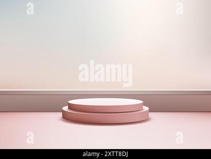 Scenografia 3D minimalista con podi rosa sovrapposti su un pavimento con sfumature morbide. Ideale per espositori di prodotti, mockup ed eleganti vetrine in stile moderno Illustrazione Vettoriale