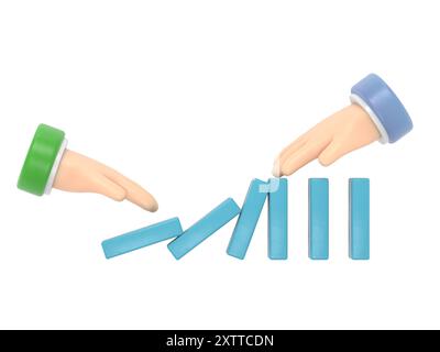 Concetto di effetto domino. Un uomo spinge i domini e le seconde fermate. Interruzione della soluzione aziendale di reazione a catena. Intervento riuscito. Illustrati 3D. Foto Stock