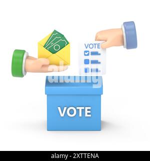 Icona dei gesti dei cartoni animati Mockup.3D mano che inserisce la carta di voto nella casella delle schede. Elezioni, voto, andare a votare, partecipazione dei cittadini al concetto di voto. 3d. Foto Stock