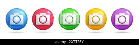 Icone della fotocamera in diverse varianti di colore, come blu, rosso, verde, giallo e viola. pulsanti icona della fotocamera realistica 3d. Set 3d di elementi vettoriali. Illustrazione Vettoriale