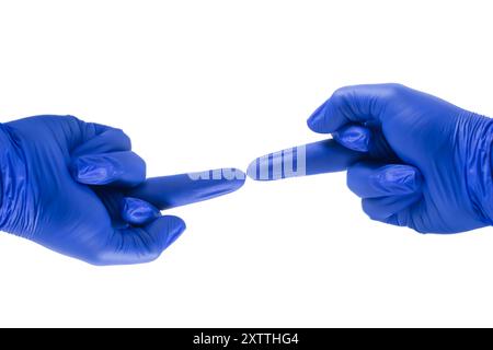 Due mani blu con i guanti rivolte l'una verso l'altra con il dito medio su sfondo bianco. Foto Stock