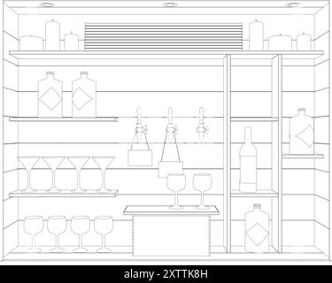 Profilo della barretta alcolica con bottiglie e bicchieri su scaffali realizzati con linee nere isolate su sfondo bianco. Illustrazione vettoriale. Illustrazione Vettoriale