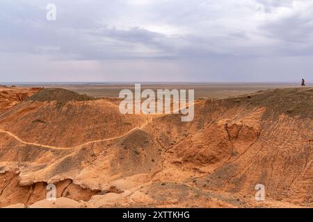 Una donna si affaccia sulla distesa delle scogliere fiammeggianti della Mongolia nel deserto del Gobi. Foto Stock