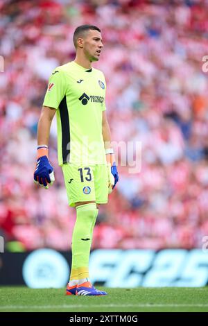 David Soria di Getafe durante la partita di calcio della Liga spagnola tra Athletic Club e Getafe il 15 agosto 2024 a San Mames a Bilbao, in Spagna Foto Stock