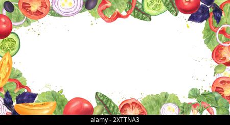 Verdure fresche ed erbe aromatiche. Fette di pomodoro, cipolla, cetriolo, pepe rosso e olive. Insalata di foglie e spruzzo di olio d'oliva. Telaio orizzontale Foto Stock