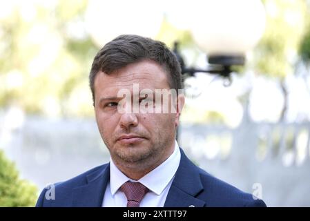 ODESA, UCRAINA - 15 AGOSTO, 2024 - il ministro dell'ambiente della Repubblica moldova Sergiu Lazarencu partecipa a un briefing durante la firma dell'accordo tra il Gabinetto dei ministri dell'Ucraina e il governo della Repubblica moldova sull'attuazione della convenzione sulla valutazione dell'impatto ambientale in un paese transfrontaliero contesto (Convenzione di Espoo), Odesa, Ucraina meridionale. Foto Stock