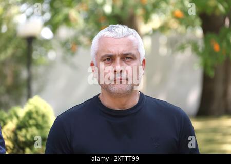 ODESA, UCRAINA - 15 AGOSTO, 2024 - il capo dell'amministrazione militare regionale di Odesa, Oleh Kiper, partecipa a un briefing durante la firma dell'accordo tra il Gabinetto dei ministri dell'Ucraina e il governo della Repubblica moldova sull'attuazione della convenzione sulla valutazione dell'impatto ambientale in un contesto transfrontaliero (convenzione di Espoo), Odesa, Ucraina meridionale. Foto Stock