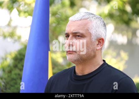 ODESA, UCRAINA - 15 AGOSTO, 2024 - il capo dell'amministrazione militare regionale di Odesa, Oleh Kiper, partecipa a un briefing durante la firma dell'accordo tra il Gabinetto dei ministri dell'Ucraina e il governo della Repubblica moldova sull'attuazione della convenzione sulla valutazione dell'impatto ambientale in un contesto transfrontaliero (convenzione di Espoo), Odesa, Ucraina meridionale. Foto Stock