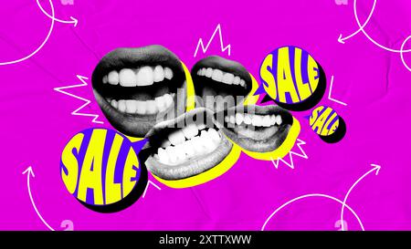 Grande bocca umana e vendita di parole su sfondo viola. Banner pubblicitario creativo per i negozi e la stagione del tutto esaurito. Collage d'arte contemporanea. Foto Stock