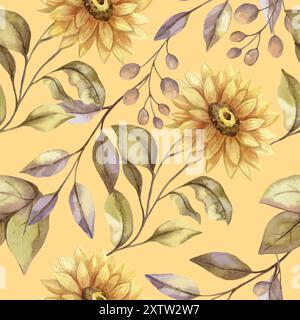 Fall Sunflower Vector motivo senza cuciture con foglie e frutti di bosco su sfondo giallo brillante. Illustrazione floreale autunnale ad acquerello disegnata a mano in Illustrazione Vettoriale