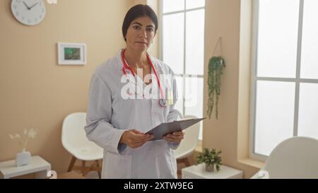 Una giovane, attraente, ispanica, bruna dottoressa si trova nella sala d'attesa di una clinica con un appunti. Foto Stock
