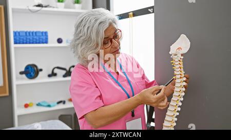 Terapeuta donna matura che esamina il modello della colonna vertebrale in una clinica di riabilitazione. Foto Stock