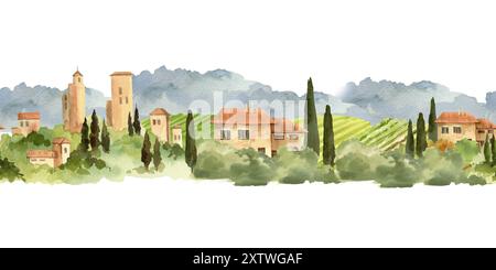 Acquerello paesaggio italiano con montagne blu, campi, vigneti, cipressi, antiche torri, tetti piastrellati, case rurali, confine con Tusc Foto Stock