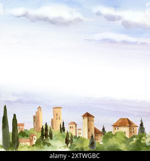 Acquerello del paesaggio italiano con montagne blu, vigneti, cipressi, antiche torri, tetti piastrellati, case rurali, cornice quadrata con panorama toscano Foto Stock