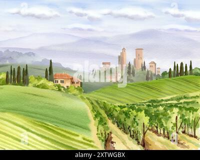 Acquerello paesaggio italiano con montagne blu, campi, vigneti, cipressi, antiche torri, tetti piastrellati, case rurali, confine con Tusc Foto Stock
