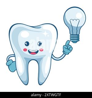 Cartoni dentati con una lampadina. Concetto creativo per la generazione di idee. Prevenzione, diagnosi e trattamento di malattie dei denti e delle gengive. Dentale h Illustrazione Vettoriale