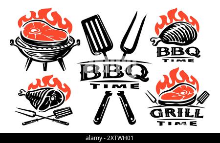 Set di emblemi per barbecue e grigliate. Etichette per barbecue, badge ed elementi di design per il menu del ristorante Illustrazione Vettoriale
