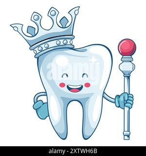 Personaggio cartoni animati di un dente re con corona e scettro nel suo regno. Prevenzione, diagnosi e trattamento di malattie dei denti e delle gengive. Igiene dentale A. Illustrazione Vettoriale