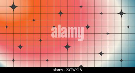 Sfondo sfumato estetico Y2K con griglia lineare e forme a stella. Modello per banner olografico fluido. Design minimalista alla moda per Illustrazione Vettoriale
