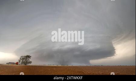 Vista estesa di una spettacolare formazione di nuvole di tempesta con tornado su un vasto campo con un accenno di strutture all'orizzonte. Foto Stock