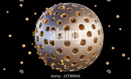 Rendering 3D di nanoparticelle di silice mesoporose che rilasciano attivamente nanomedicine incapsulate. Foto Stock