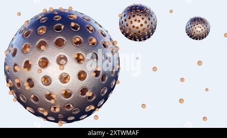 Rendering 3D di nanoparticelle di silice mesoporose che rilasciano attivamente nanomedicine incapsulate. Foto Stock